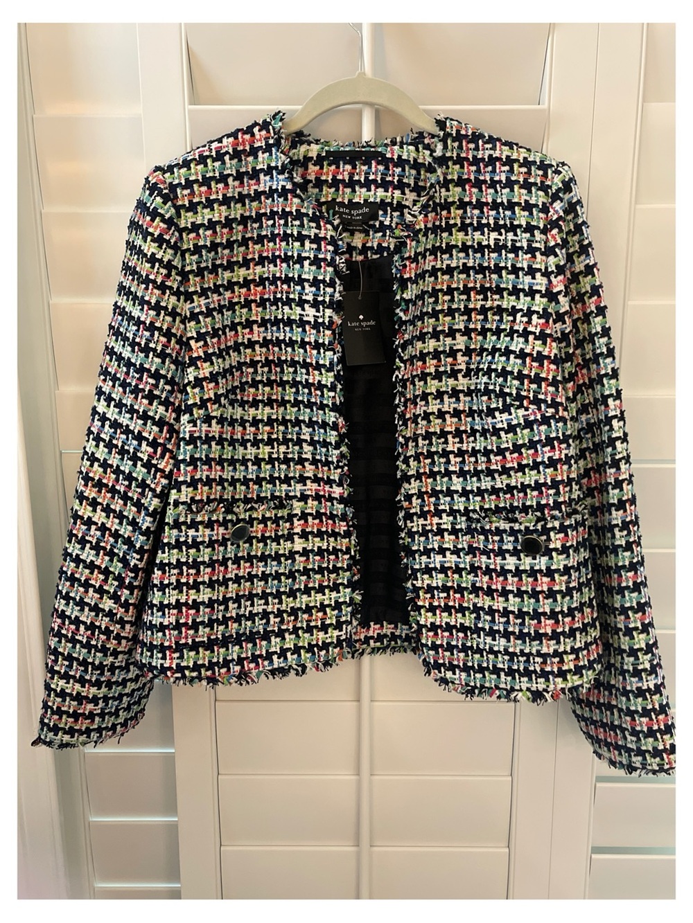 kate spade Navy Multicolor Tweed Collarless Blazer